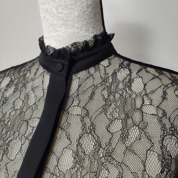 Bebe Women's Sz XS Black Sheer Lace Button Up Shirt Ruffle High Neckline - Picture 3 of 6